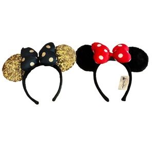 Disney Parks Minnie Mouse Ears Headband Set Gold Sequin & Classic Red Polka Dot